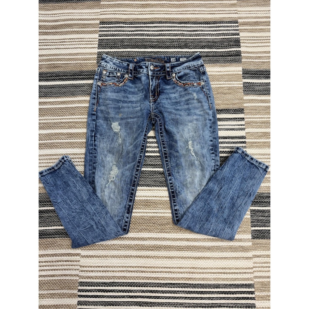 Miss Me Signature Skinny Jeans Women's 28 Blue Medium Wash Distressed Bling